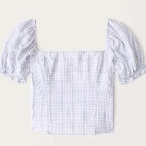 NWT Abercrombie Light Blue Plaid Square Neck Puff Sleeve Top